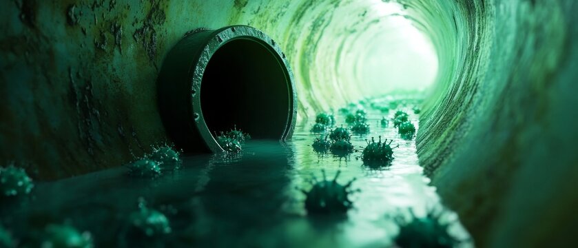 Bacteria and viruses flow in a dark sewer pipe with light illuminating the water