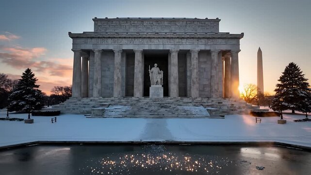 Lincoln Memorial in Winter Sunrise with Washington Monument.