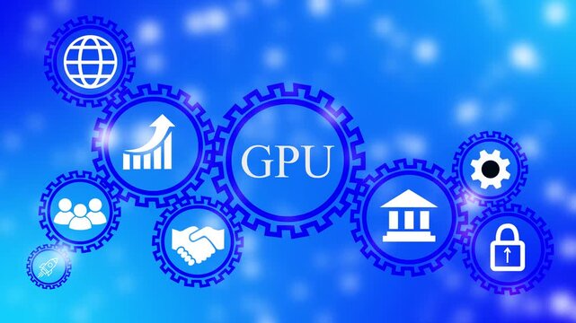 Cyan gears with icons for GPU and technology concepts on blue blurred background cogwheels graphics processing unit