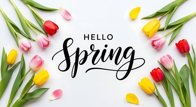 Hello spring calligraphy text surrounded by colorful tulip flowers in red, pink, and yellow colors arranged on a clean white background, flat lay