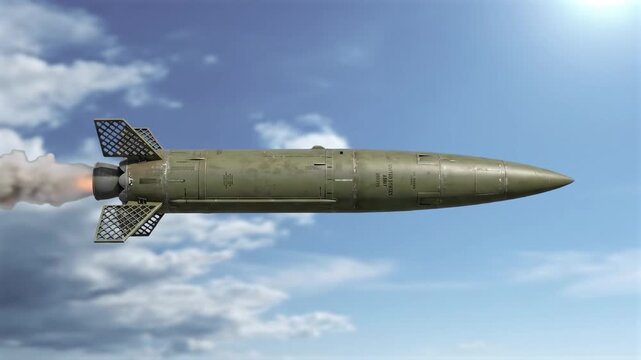 A detailed 3D CGI animation depicting a heavy military ballistic rocket flying horizontally through the air with clouds in the blue sky backdrop. Perfect for strategic defense system explainers, histo