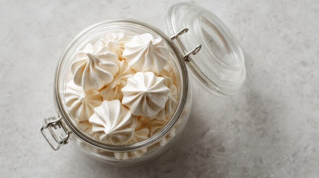Sweet, airy meringue cookies sit in a glass jar on a light grey table, seen from above.