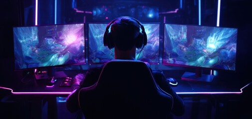 Fototapeta premium The gamer immersed in neon-lit triple monitor setup playing a fantasy video game