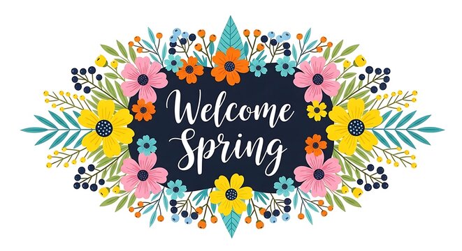 A decorative floral frame with colorful flowers and leaves surrounding a dark blue center with the text welcome spring in white script font