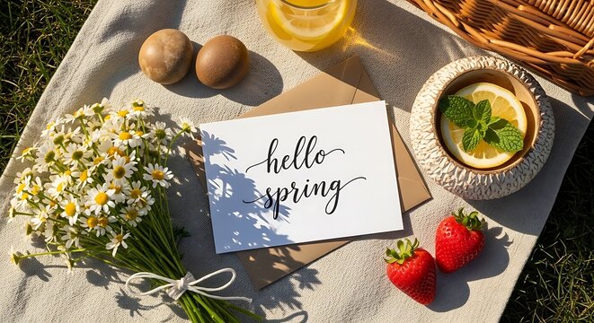 A picnic blanket with a hello spring card, a bouquet of daisies, fresh strawberries, and a glass of lemonade with lemon slices on a sunny day