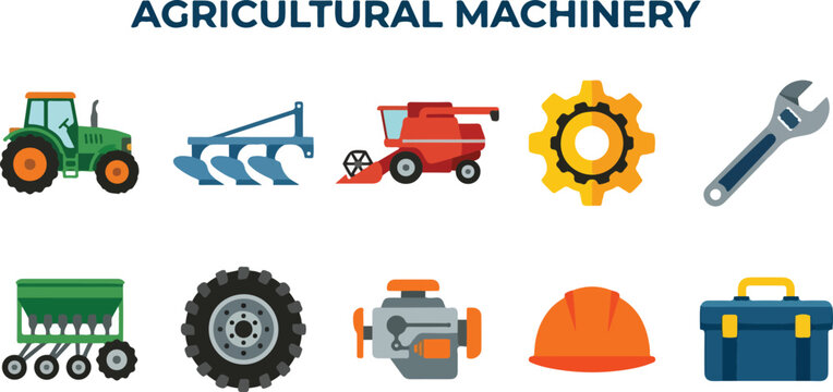Agricultural Machinery and Farm Tool Symbols with Tractor Harvester Plow and Repair Equipment