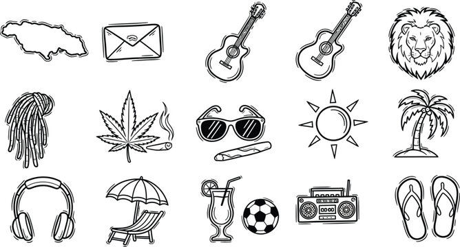Jamaican culture icons feature travel elements, music, and recreational activities in a sketch style.