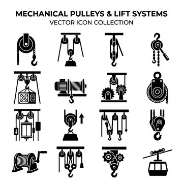 Set of mechanical pulleys and lifting systems vector icons.