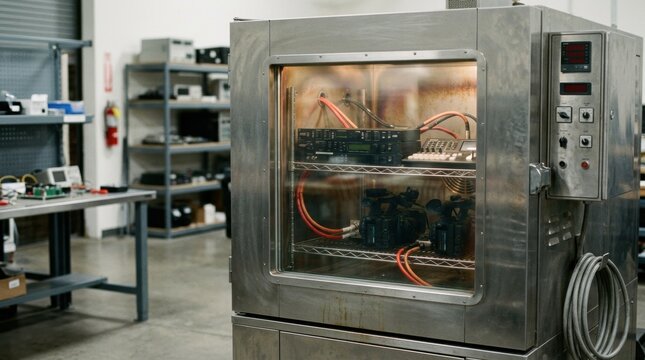 Medium shot of environmental stress testing chamber with audiovideo equipment undergoing intense heat cycling to ensure durability before shipment.