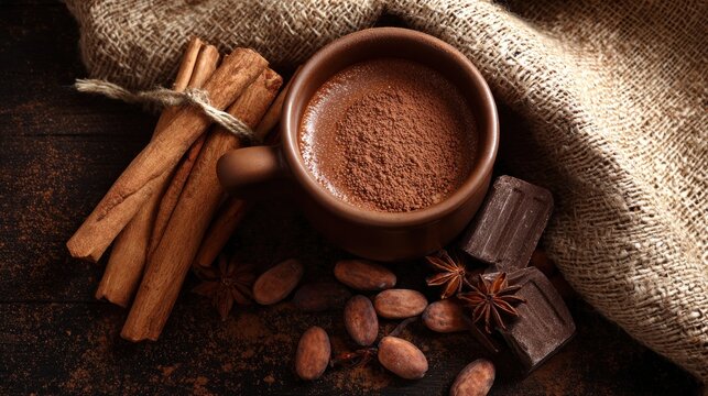 Cocoa drink setup shows cocoa powder, chocolate pieces, cinnamon sticks, and beans on a table