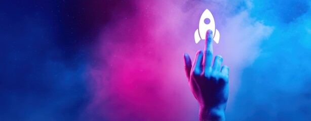 Fototapeta premium The Rocket Icon Being Launched by a Futuristic Hand in Space