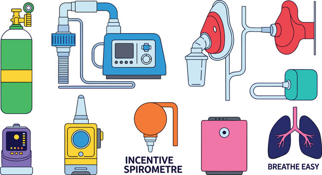 Set of Ten Respiratory Therapy and Breathing Device Vector Illustrations Featuring Oxygen Cylinder, CPAP, Spirometer, Inhaler, Incentive Spirometer, and Lung Health Icons