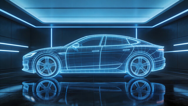 Wireframe car in futuristic room