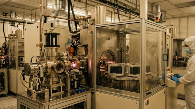Medium shot capturing highcurrent ion implanter in action with batch processing emphasizing advanced technology and efficient wafer throughput behind safety shielding.