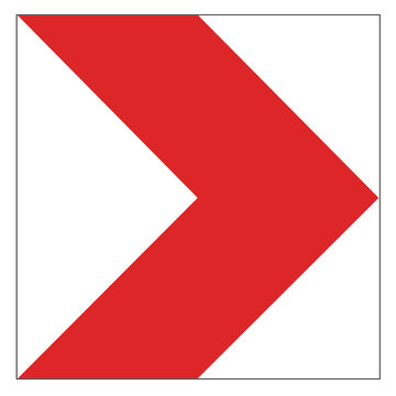 A square traffic warning sign featuring a single red chevron pointing to the right on a white background, used to mark sharp bends or changes in road alignment
