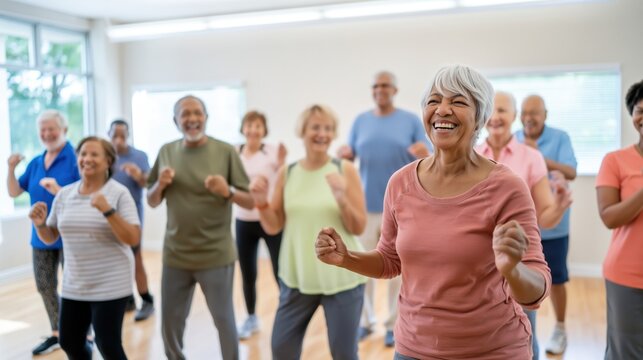 Group of happy senior people dancing and doing light exercise together in a bright community center