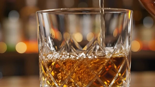 Pouring amber liquid into a crystal glass with bokeh background.