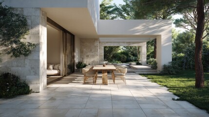 Fototapeta premium Outdoor space features dining table, green lawn, and seamless transition from villa to terrace