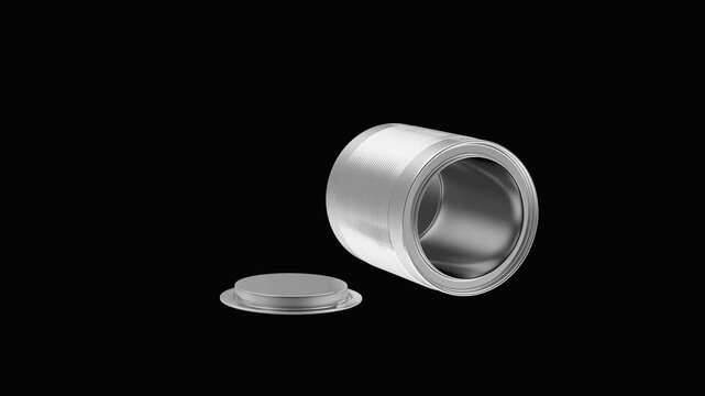 An empty silver metal can with an open lid rotates against a black background in a minimalist 3D render and 3D animation.