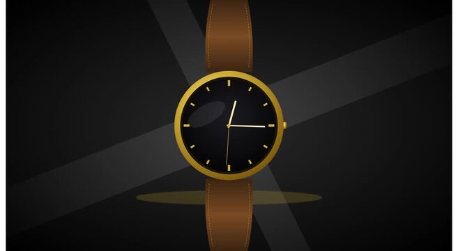 Gold wristwatch with leather strap moving on dark animation background
