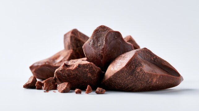 Sweet cocoa pieces rested on a clean white surface.