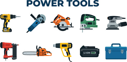 Naklejka premium Power Tools Collection with Drill Saw Jigsaw Sander Chainsaw and Battery