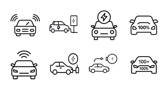 Electric car outline icons set ev charging vehicle power battery eco energy hybrid autonomous smart transport auto terminal & more vector illustration with editable stroke.