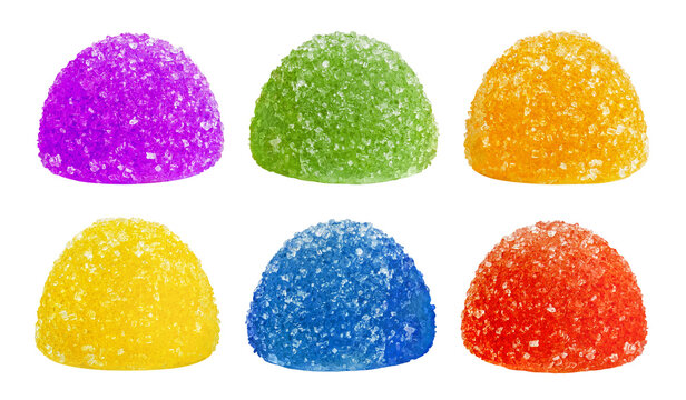Set of delicious colorful sugar coated jelly candies, isolated on cutout transparent background