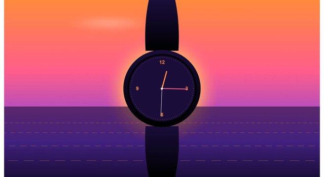 Minimalist analog watch face ticking against a vibrant sunset animation background
