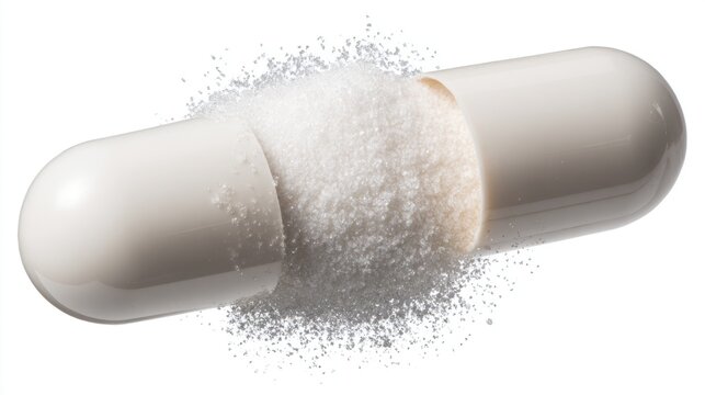 Capsule opens in the air to reveal white powder inside, with no background distractions present