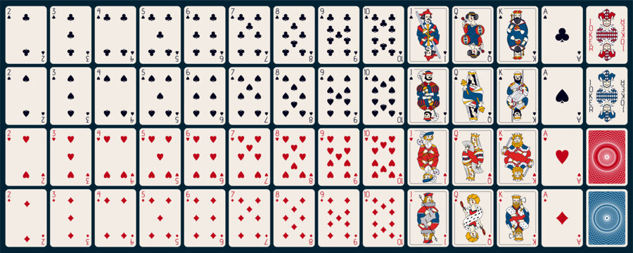 Playing card set. Vector 52 poker playing cards with backs. Cartoon simple medieval style. Vintage court characters and luxury casino aesthetic, perfect for poker, branding, mobile games and print