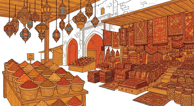 Traditional middle eastern bazaar scene with hanging lanterns, colorful spice mounds in baskets, and ornate rugs