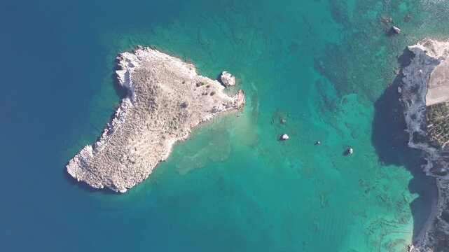 Aerial drone shot.View of famous beach in the summer, Crete, Greece. Famous beach with river and palm trees in Libyan sea. Tropical island, Panoramic view, Most beautiful beaches of Crete island