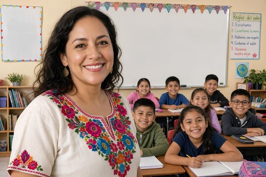 Mexican teacher in the classroom smiles at the camera, behind her are her students, she is proud of teaching elementary school children