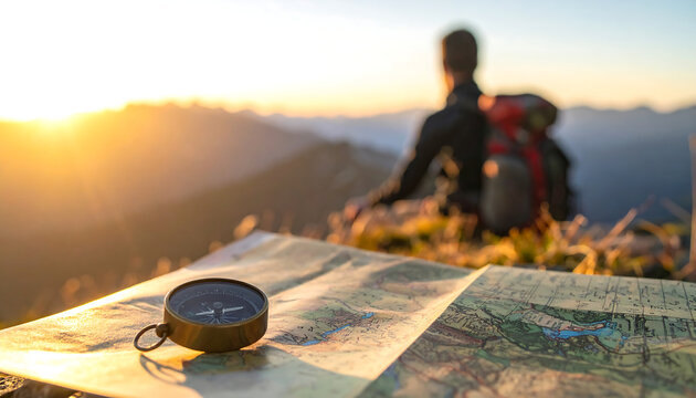 A photo of a compass and map on a mountain peak with a golden sky backdrop, featuring a hiker in the distance, representing planning and the journey.