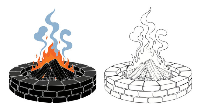 Fire pit with flames and smoke in two styles: colored and outline  