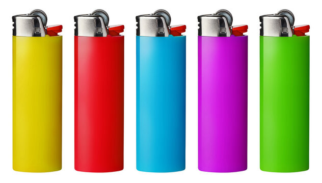 Set of colorful disposable lighters, isolated on cutout transparent background