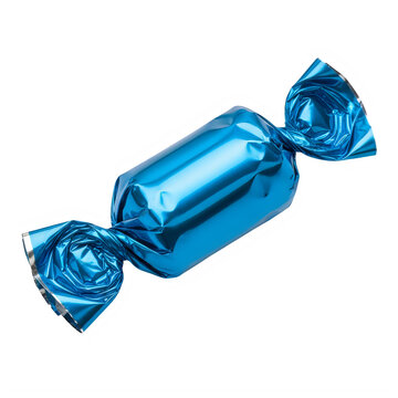 A single piece of tasty candy wrapped in shiny bright blue foil paper for a sweet holiday treat