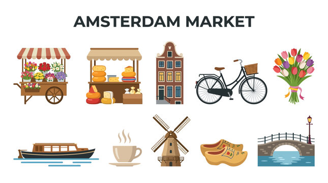 Amsterdam Market Symbols with Flower Stall Cheese Bicycle Canal Boat and Dutch Landmarks