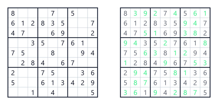 Easy difficulty sudoku puzzle with solution isolated on white background
