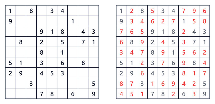 Sudoku number puzzle of medium difficulty showing unsolved grid and completed solution, isolated on white background.