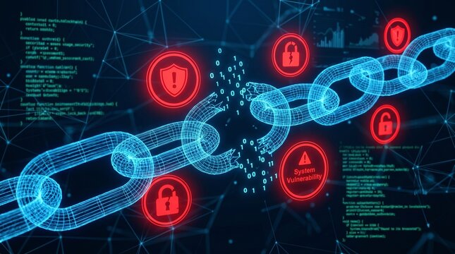 A broken blue chain with red security icons and code on a dark background representing system vulnerability and cybersecurity threats online