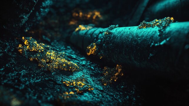 Rusty metal pipes lay on dark surface with glowing yellow elements in an industrial setting during nighttime