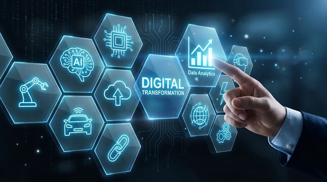 Digital transformation concept showing hand touching interactive screen with icons of various industry technological trends