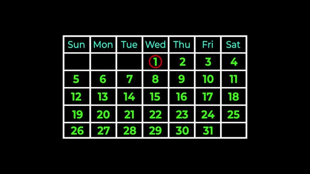 The calendar 1th day of the month is highlighted red circled mark on black background. Monthly calendar with highlighted event icon animation.