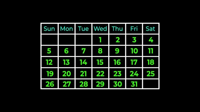 The calendar 1th day of the month is highlighted red circled mark on black background. Monthly calendar with highlighted event icon animation.