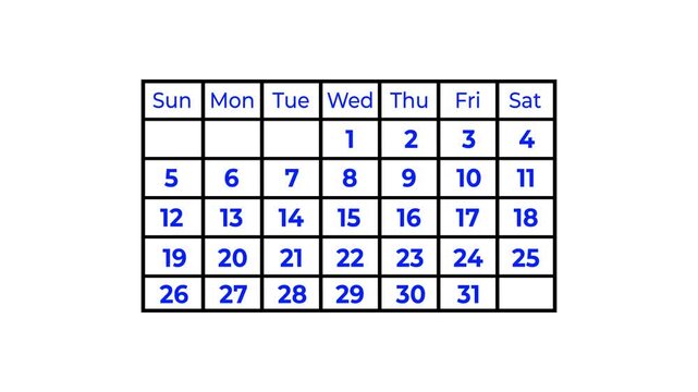 The calendar 1th day of the month is highlighted red circled mark on white background. Monthly calendar with highlighted event icon animation.