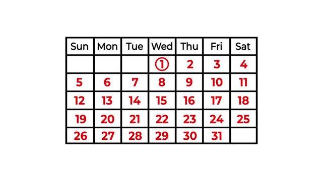 The calendar 1th day of the month is highlighted red circled mark on white background. Monthly calendar with highlighted event icon animation.