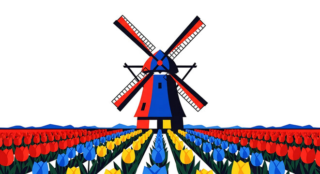 Stylized dutch windmill in a field of colorful tulips, vector illustration