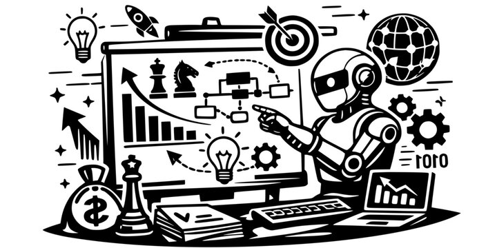 AI Business Strategy. Black and white vector of an AI robot presenting a business strategy on a flip chart with graphs, chess pieces, and target icons.